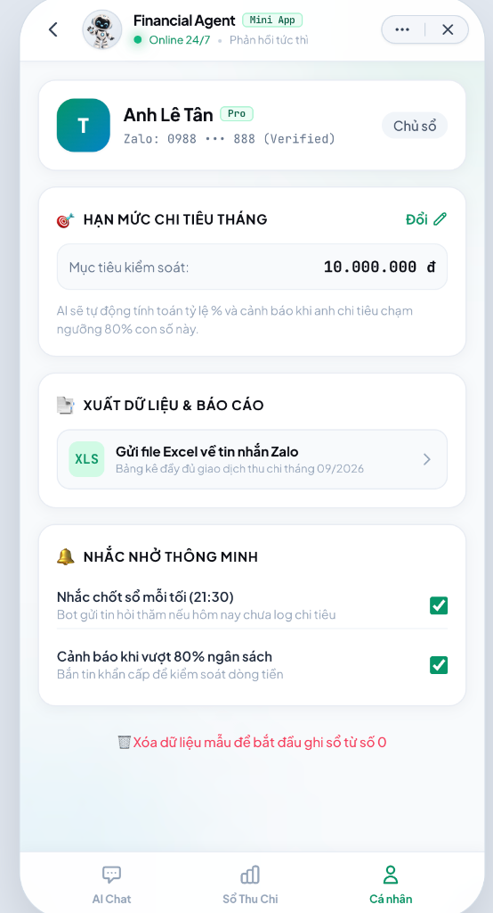 Mini App Cá Nhân - Quản lý hạn mức và báo cáo Excel